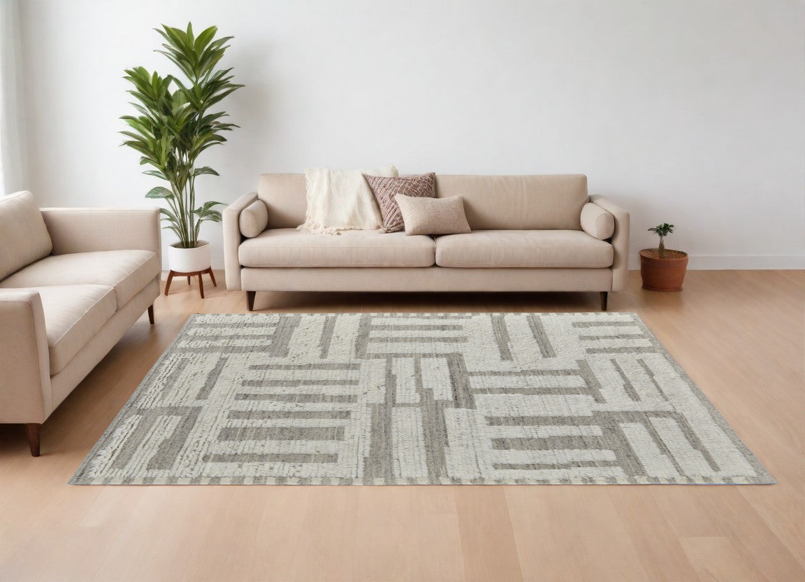 9' X 13' Gray and Ivory Wool Geometric Hand Woven Area Rug
