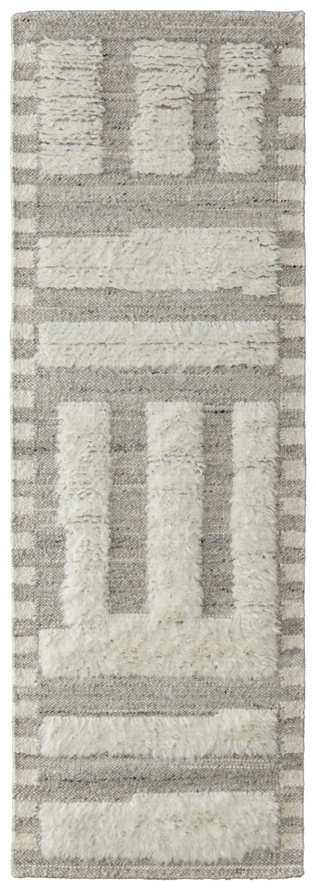 8' Gray and Ivory Wool Geometric Hand Woven Runner Rug