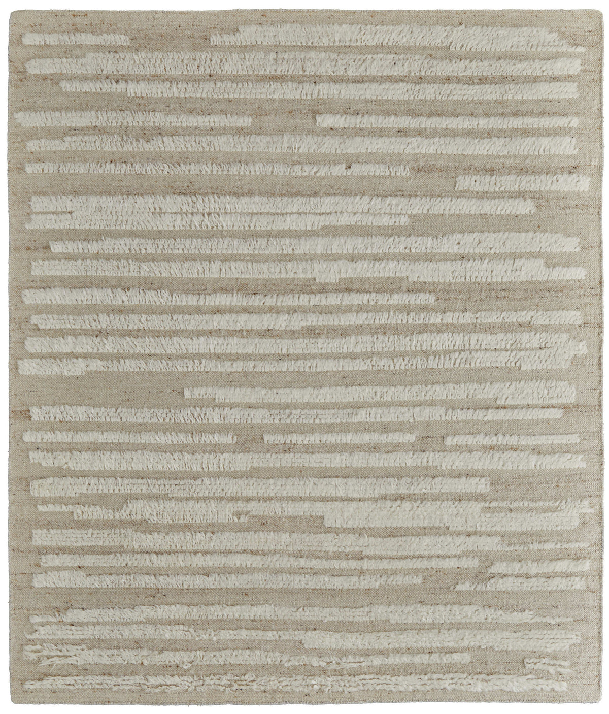 8' X 12' White and Tan Wool Striped Hand Woven Area Rug