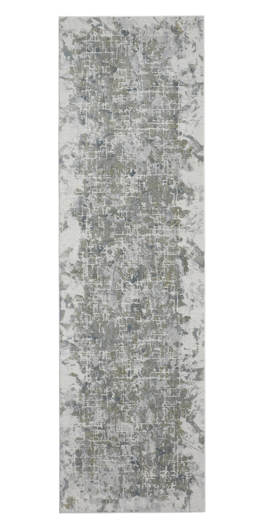 8' Gray and Ivory Abstract Power Loom Worn Faded Runner Rug