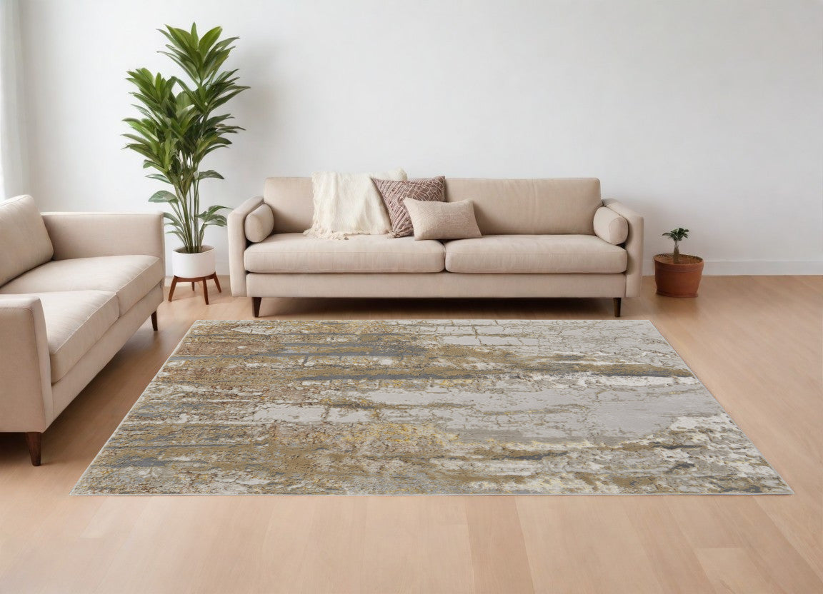 9' X 12' Ivory Gray and Brown Abstract Power Loom Area Rug