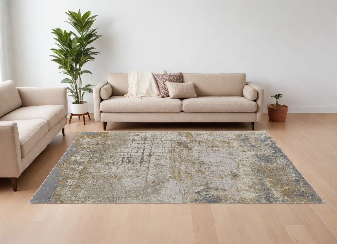 8' X 10' Ivory Gray and Brown Abstract Power Loom Worn Faded Area Rug