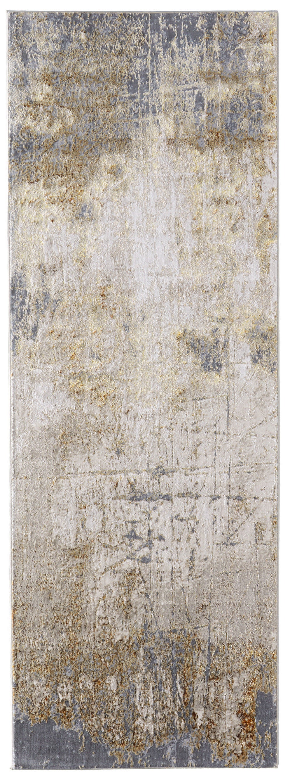 8' Ivory Gray and Brown Abstract Power Loom Worn Faded Runner Rug