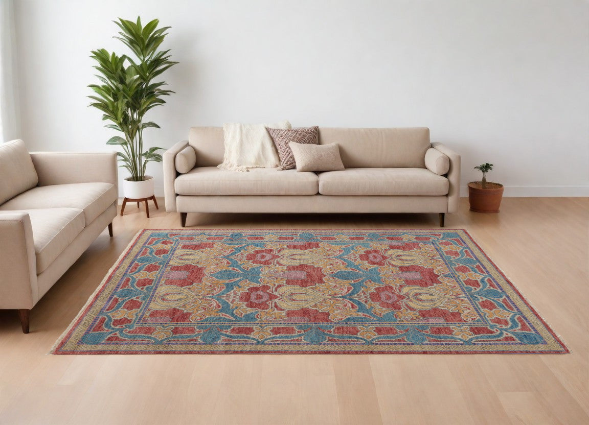 8' X 12' Blue Red and Yellow Wool Oriental Hand Knotted Area Rug