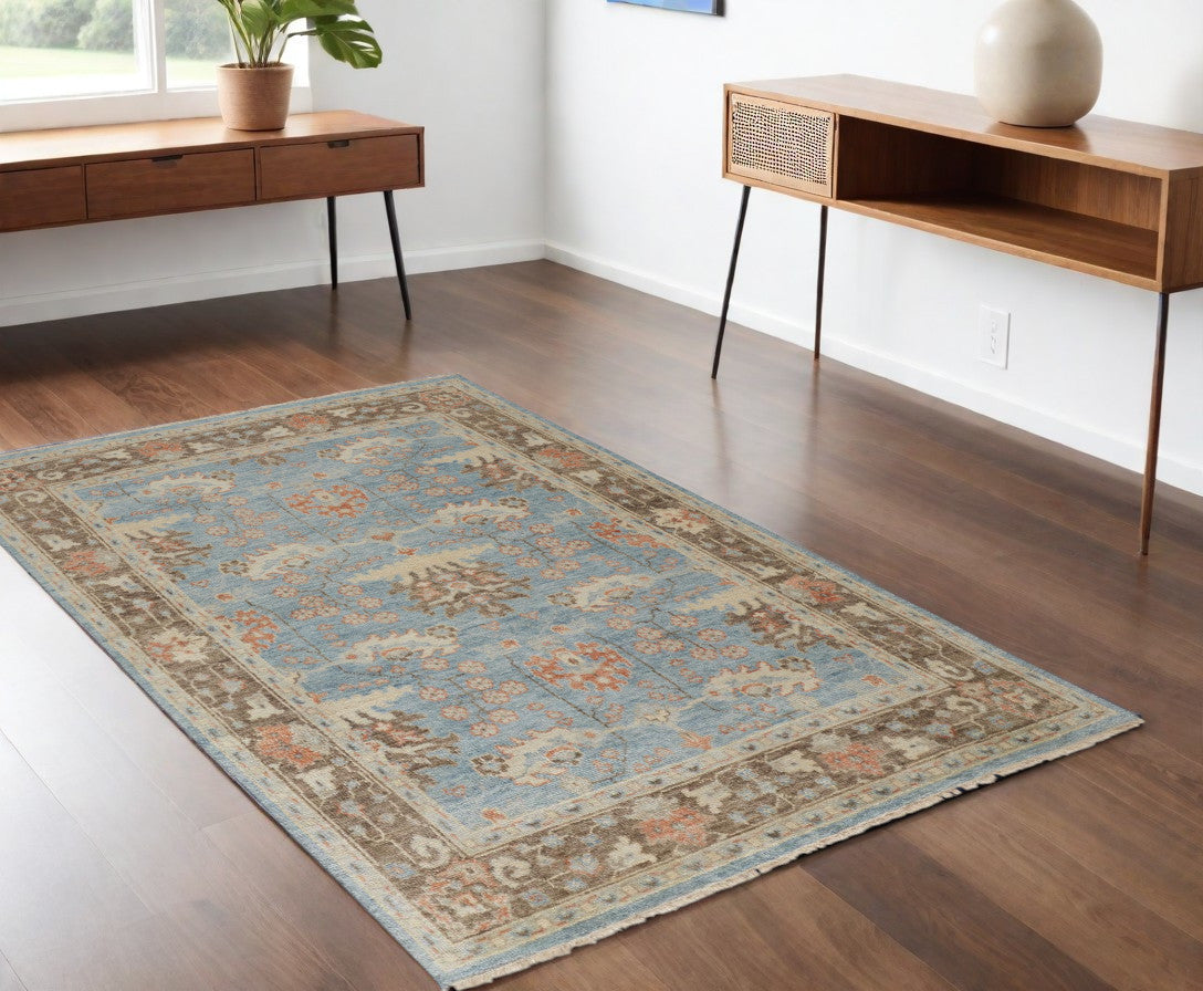 4' X 6' Brown and Blue Wool Oriental Hand Knotted Area Rug