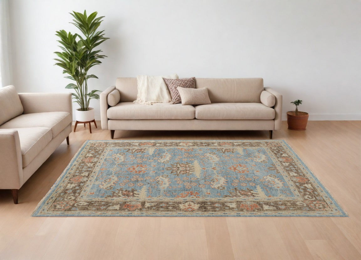 9' X 13' Brown and Blue Wool Oriental Hand Knotted Area Rug