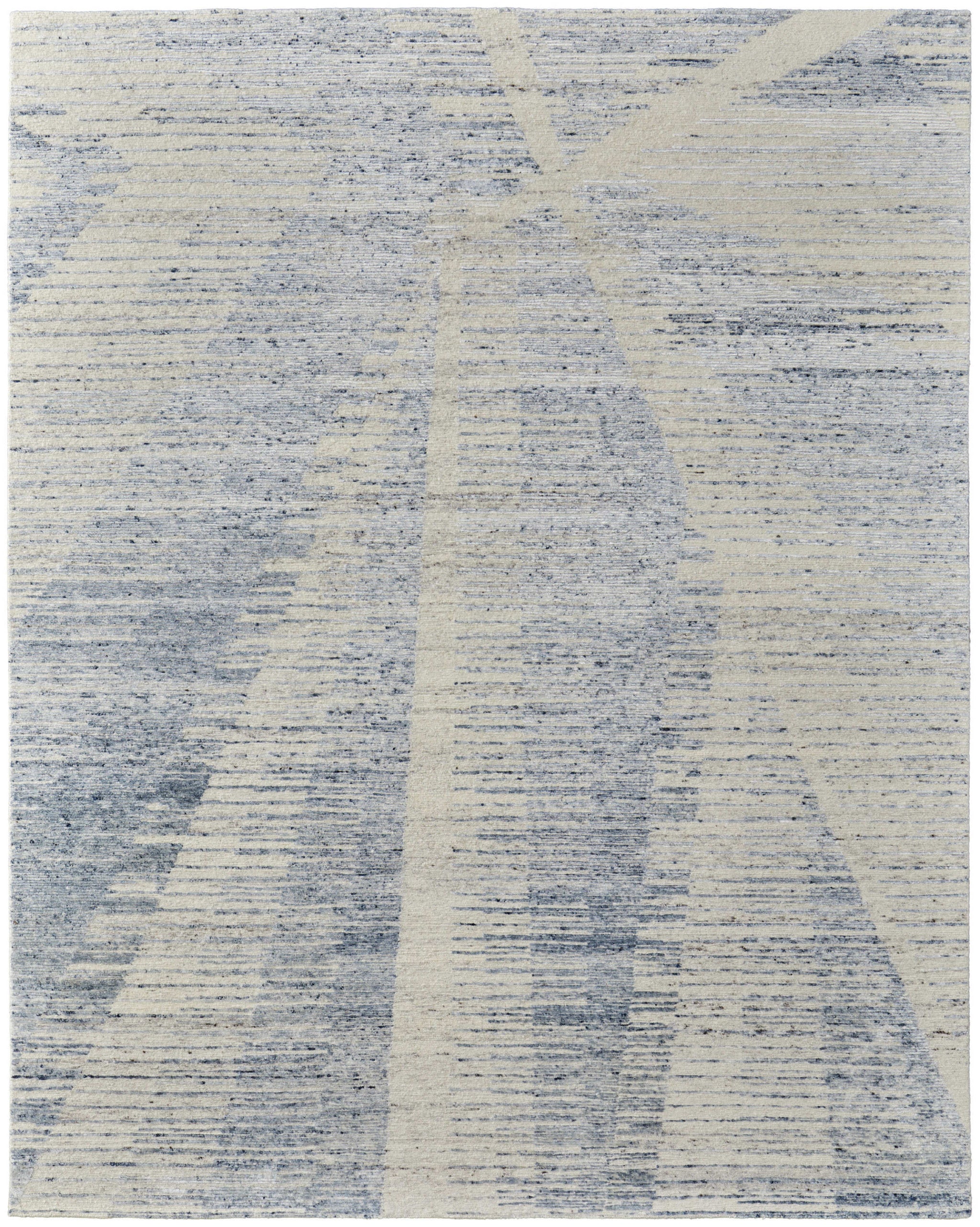 9' X 13' Ivory and Blue Abstract Hand Knotted Worn Faded Area Rug