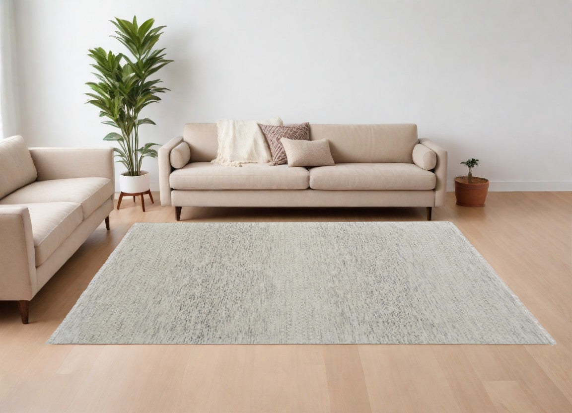 9' X 13' Ivory and Gray Wool Hand Knotted Area Rug With Fringe