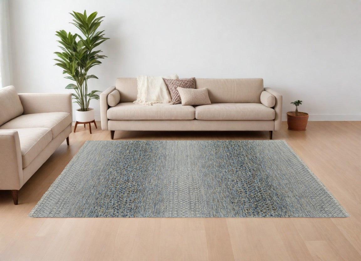 9' X 13' Ivory Blue and Brown Wool Hand Knotted Area Rug With Fringe