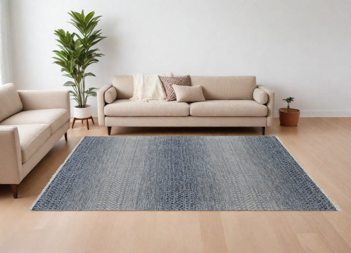 9' X 13' Ivory Gray and Blue Wool Hand Knotted Area Rug With Fringe