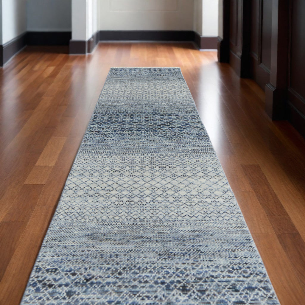 10 Ivory Gray and Blue Wool Hand Knotted Runner Rug With Fringe