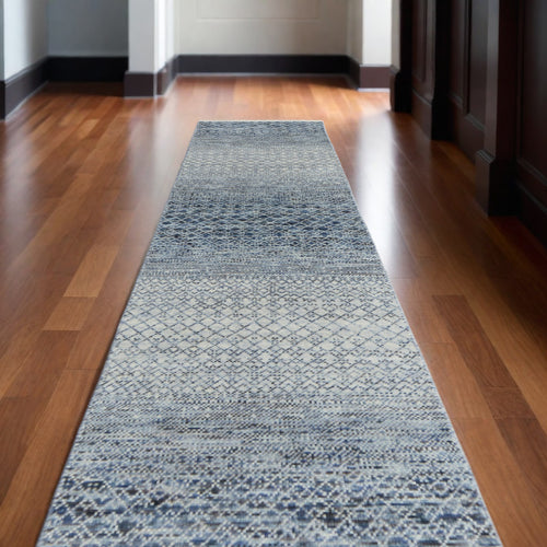 10 Ivory Gray and Blue Wool Hand Knotted Runner Rug With Fringe
