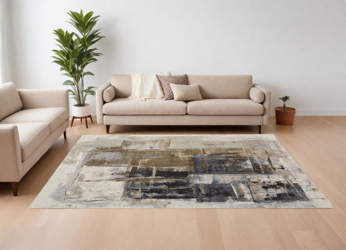 9' X 12' Gray Black and Brown Abstract Power Loom Area Rug