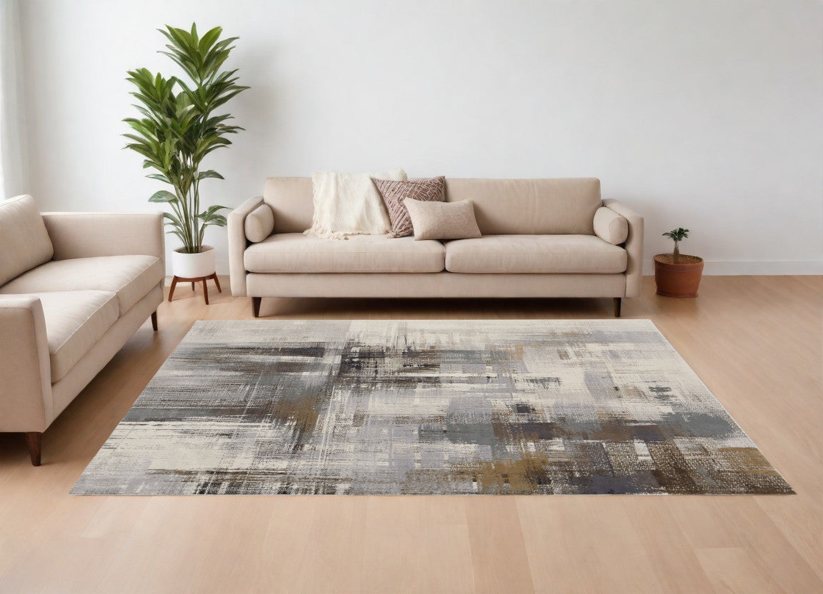 10' X 13' Ivory Gray and Brown Abstract Power Loom Area Rug