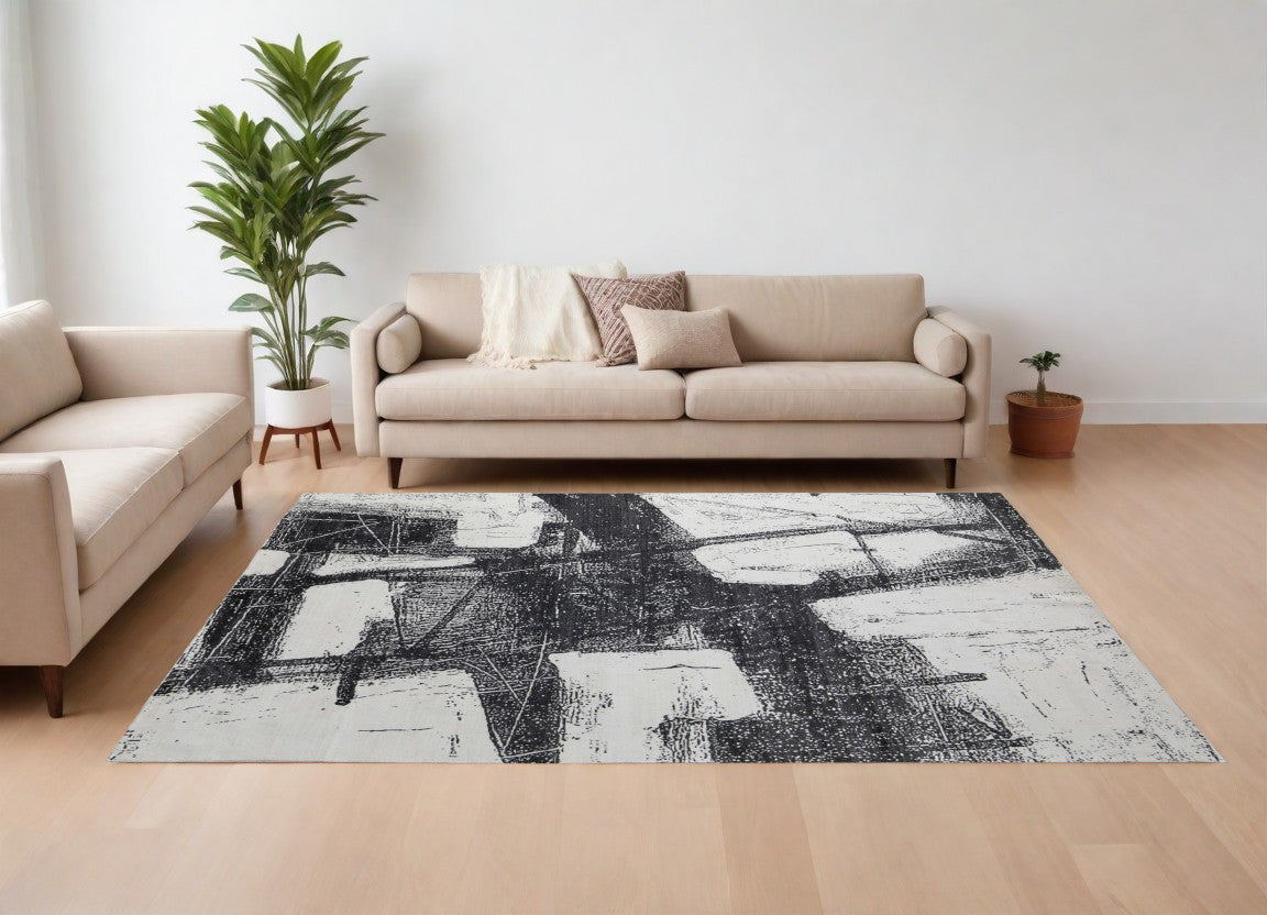 9' X 12' Black and Gray Abstract Hand Woven Area Rug