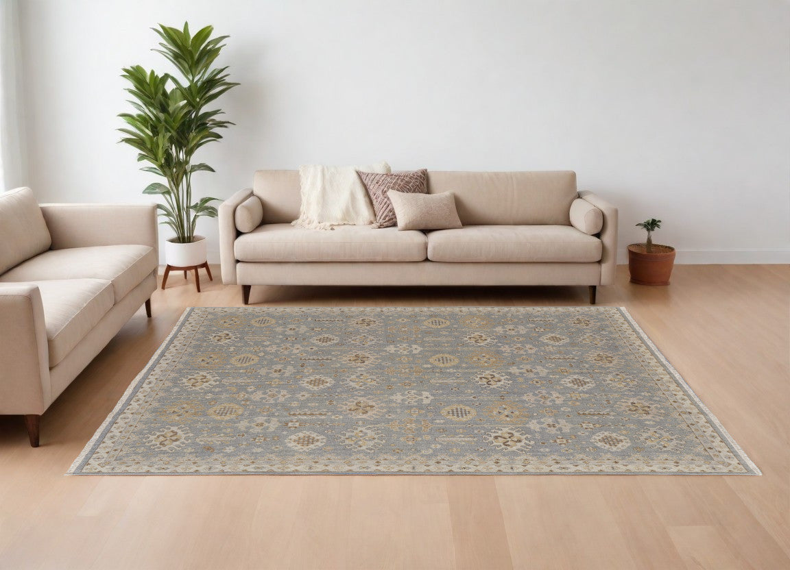 8' X 12' Gray and Ivory Wool Oriental Hand Knotted Area Rug With Fringe