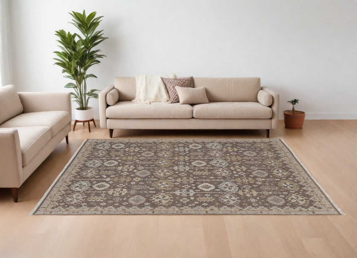 8' X 12' Tan and Brown Wool Oriental Hand Knotted Area Rug With Fringe