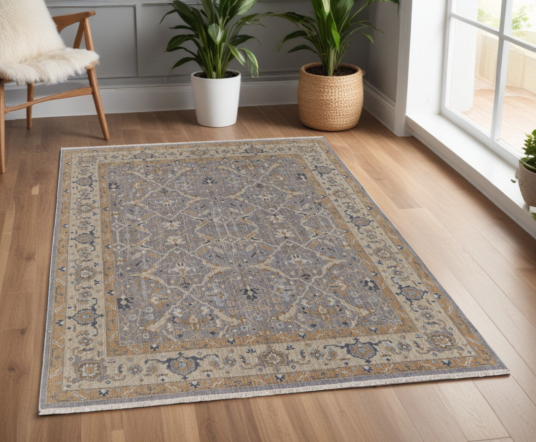 4' X 6' Tan and Gray Wool Oriental Hand Knotted Area Rug With Fringe