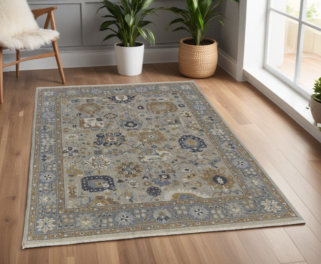 4' X 6' Gray and Brown Wool Oriental Hand Knotted Area Rug With Fringe