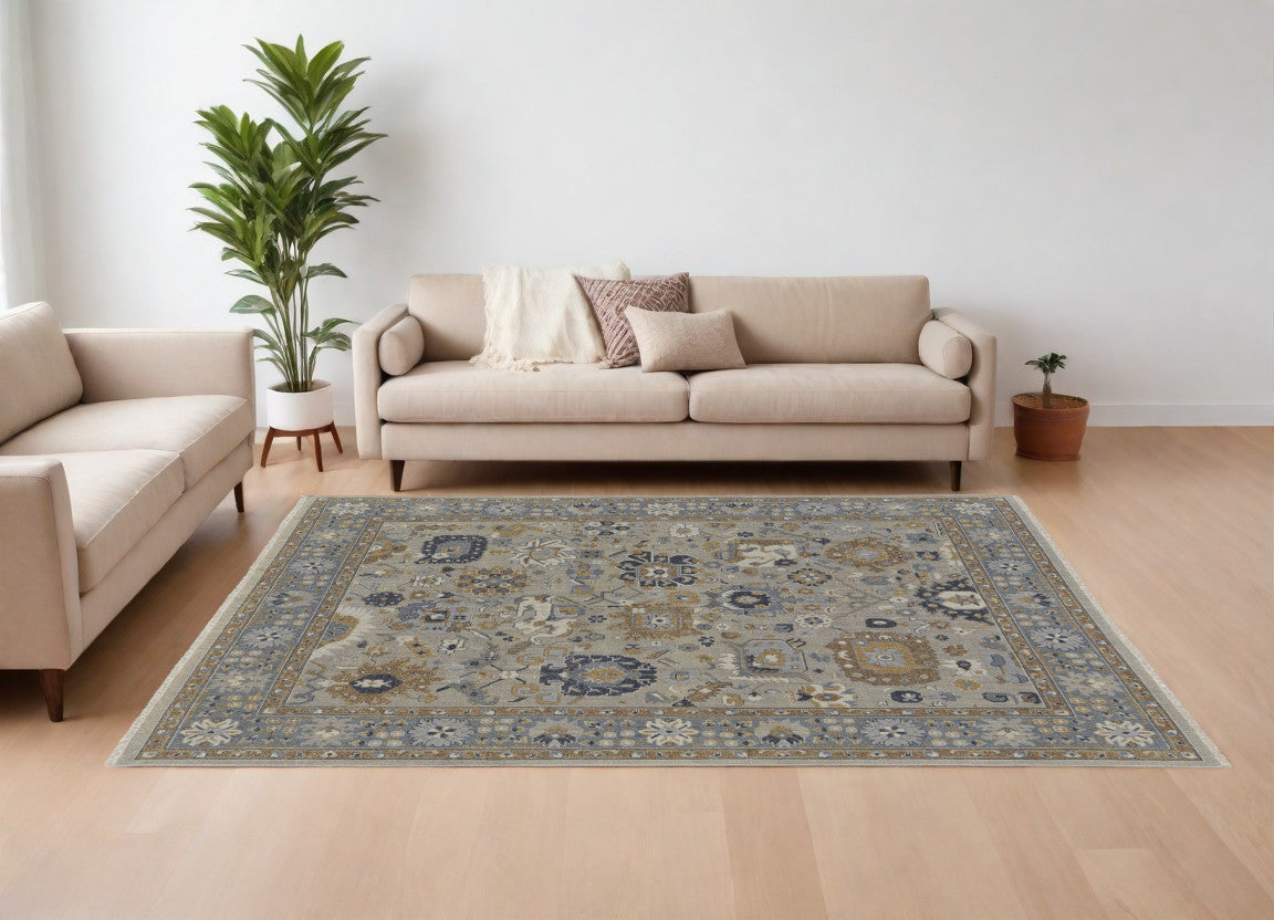 9' X 13' Gray and Brown Wool Oriental Hand Knotted Area Rug With Fringe