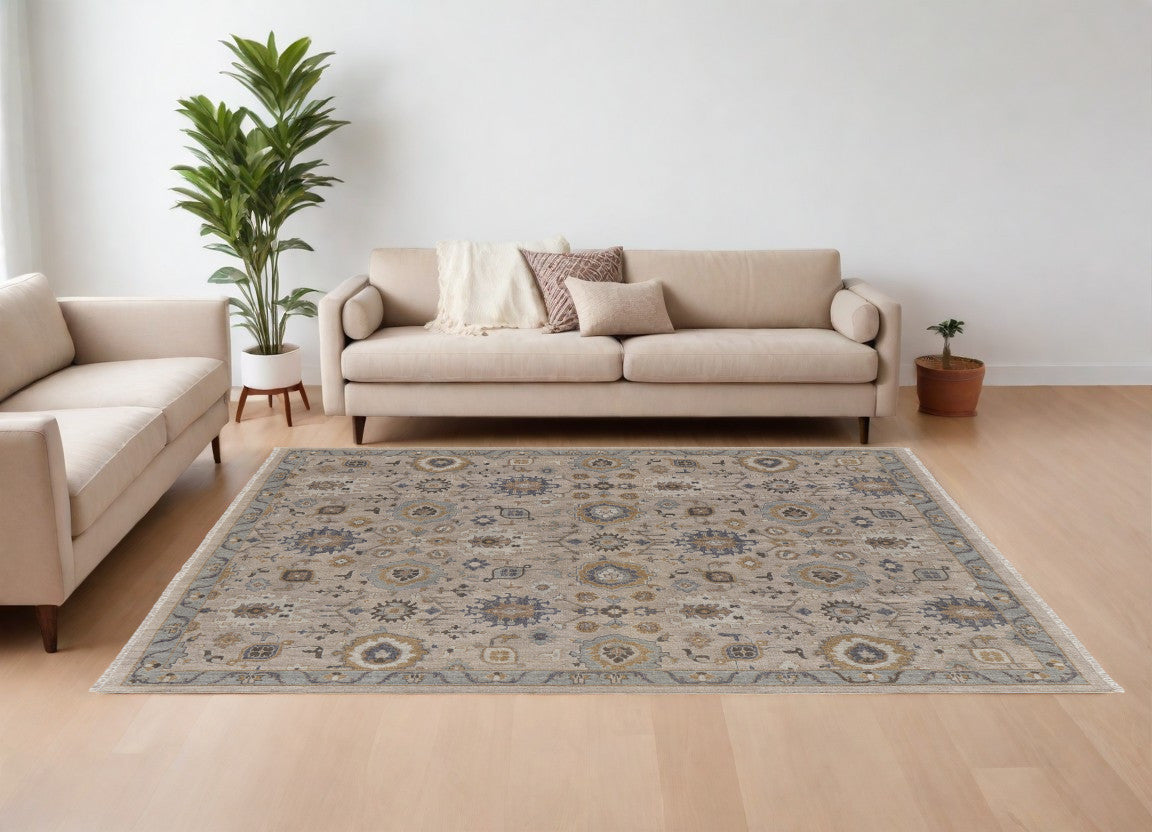 9' X 13' Tan Brown and Gray Wool Oriental Hand Knotted Area Rug With Fringe