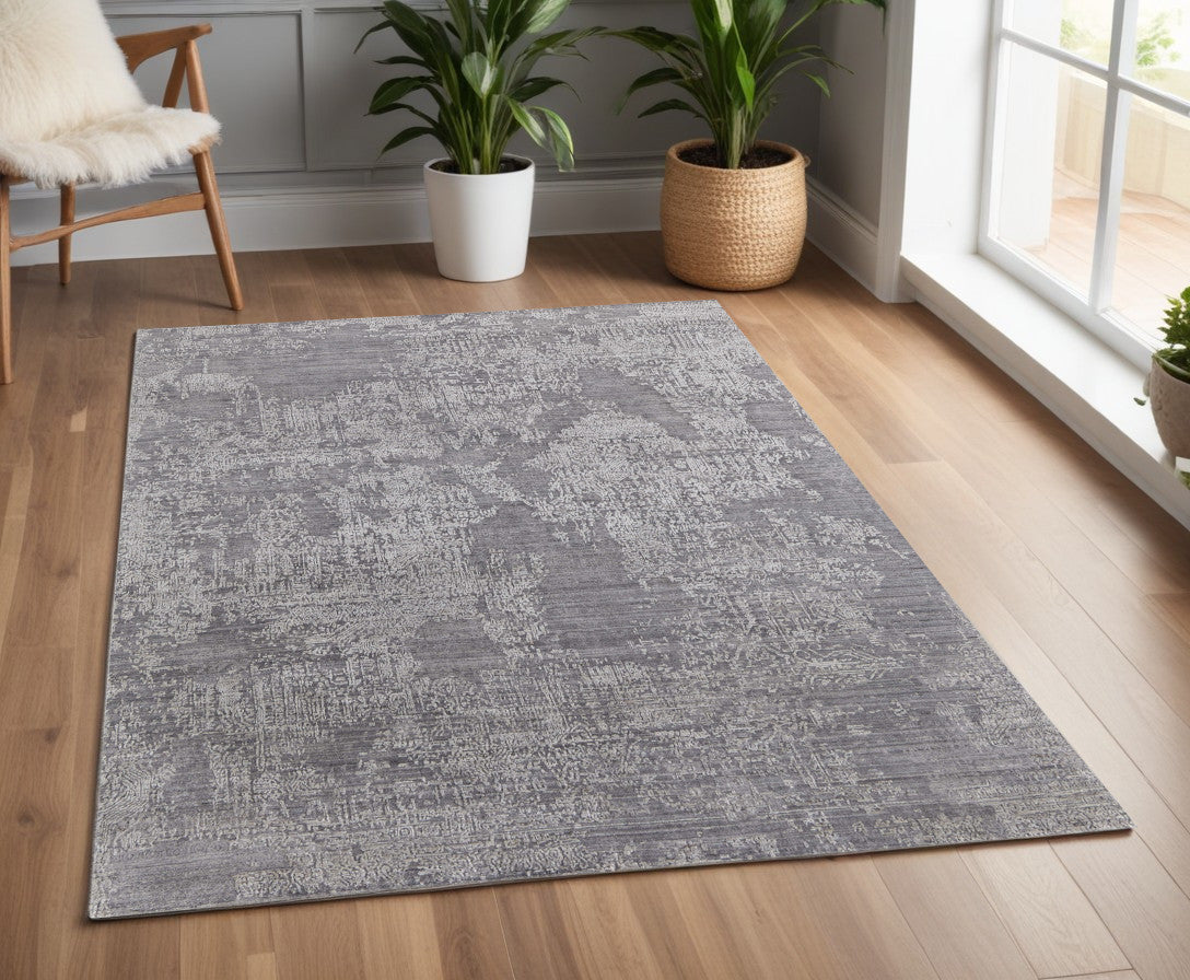 4' X 6' Gray Abstract Hand Woven Worn Faded Area Rug