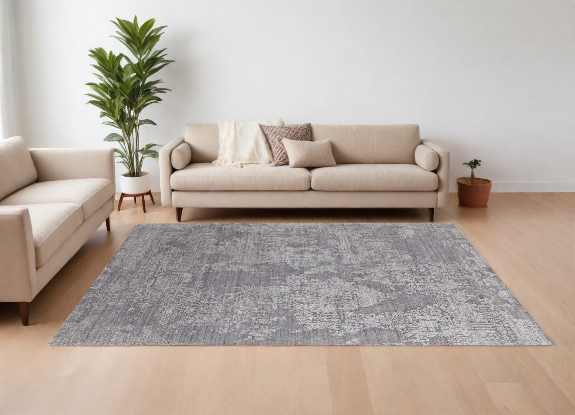 9' X 12' Gray Abstract Hand Woven Worn Faded Area Rug