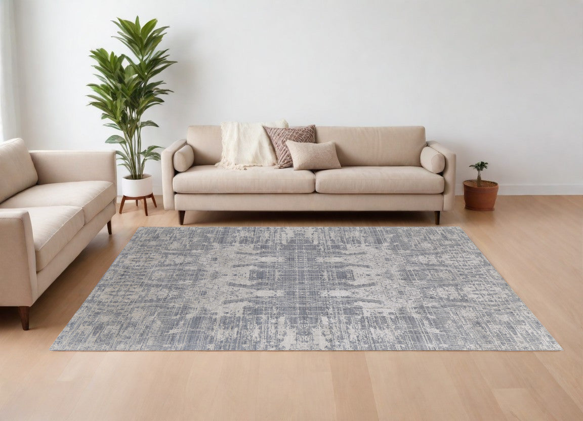 9' X 12' Gray and Silver Abstract Hand Woven Worn Faded Area Rug