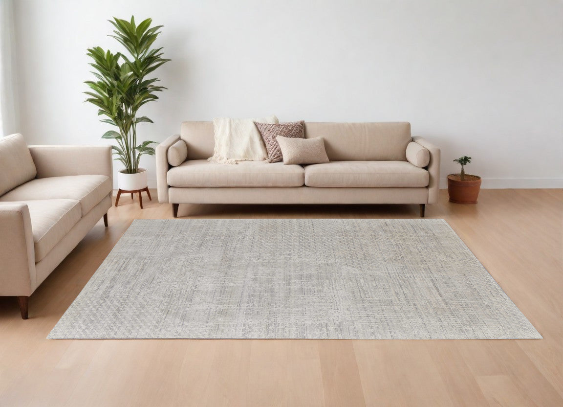 9' X 12' Ivory and Gray Abstract Hand Woven Worn Faded Area Rug