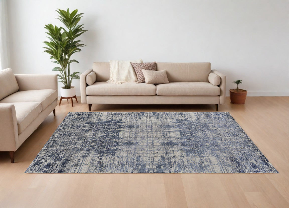 10' X 14' Blue and Ivory Abstract Hand Woven Worn Faded Area Rug