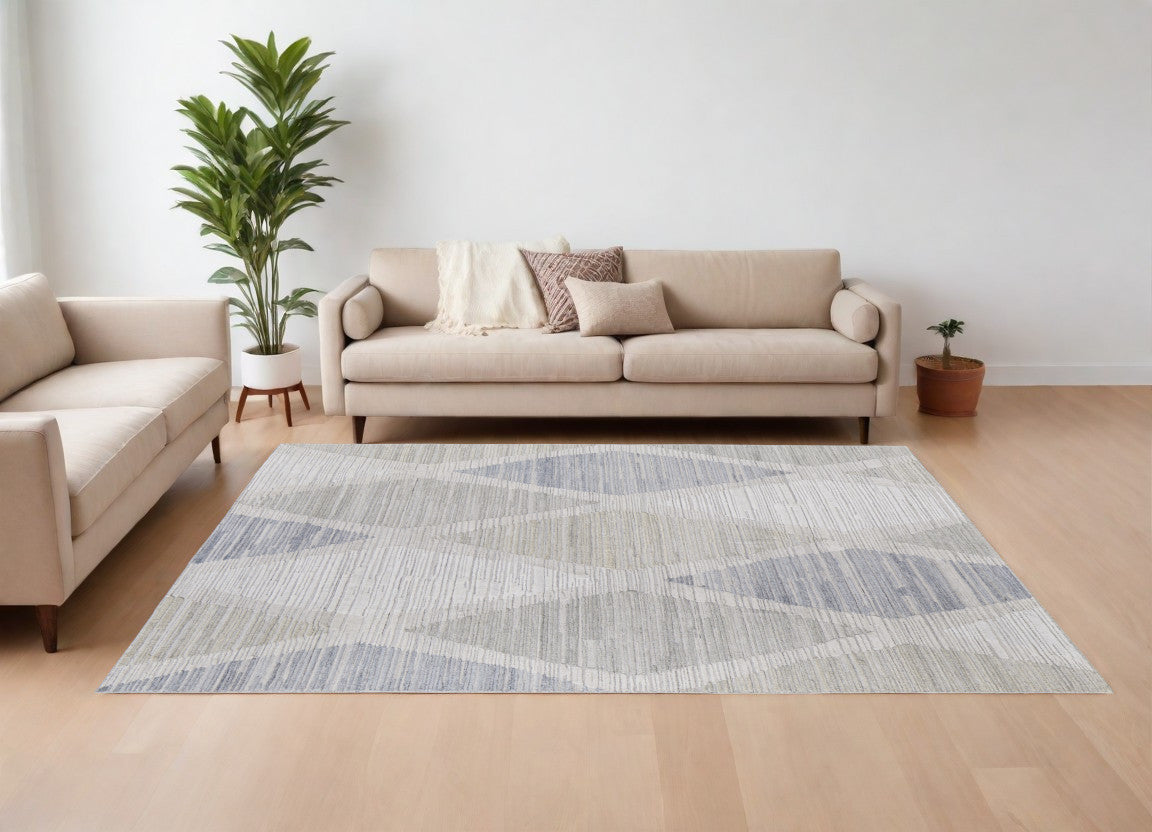 9' X 12' Ivory and Blue Geometric Hand Woven Area Rug