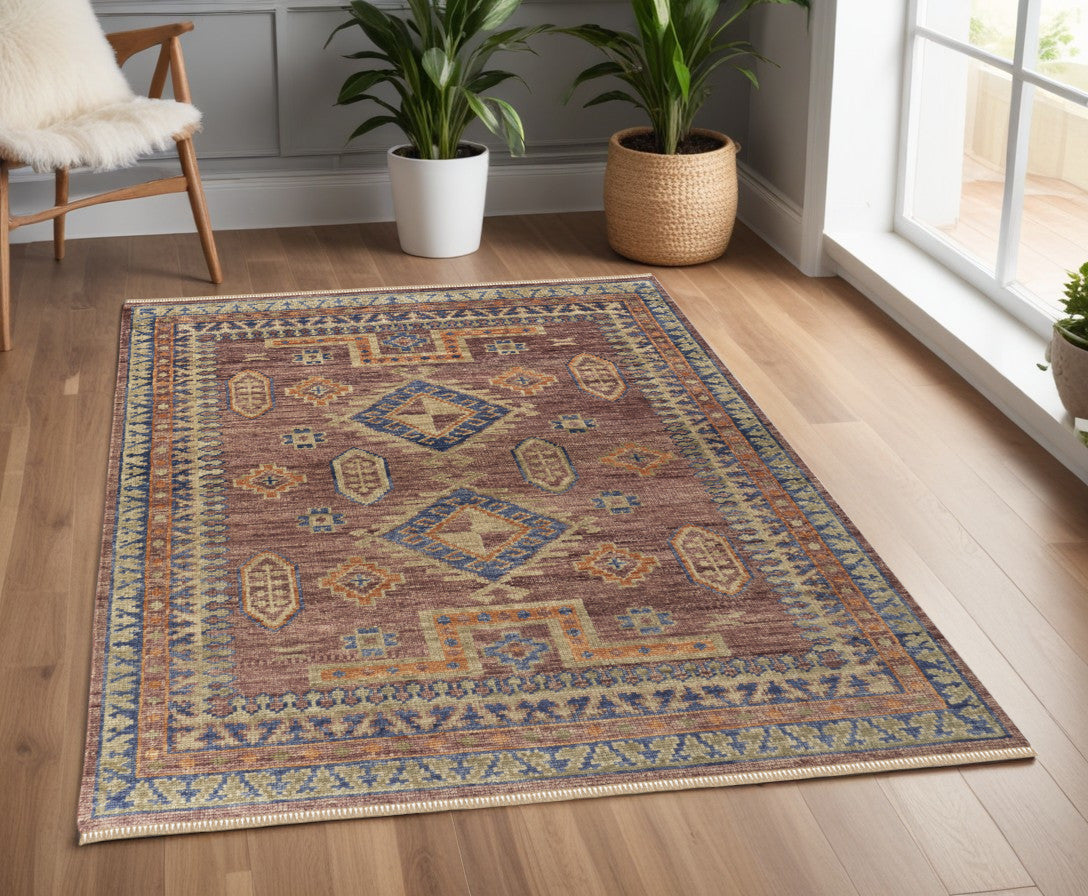 4' X 6' Blue Red and Tan Wool Geometric Hand Knotted Area Rug With Fringe