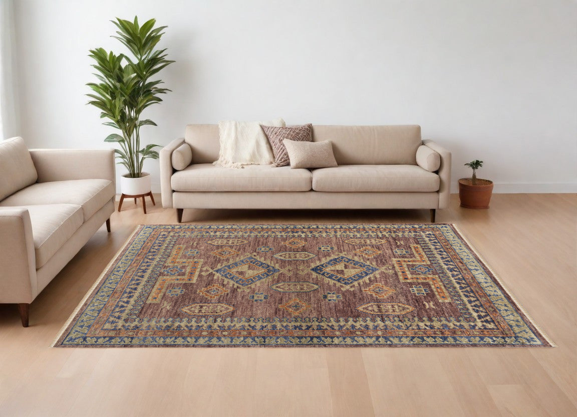 9' X 12' Blue Red and Tan Wool Geometric Hand Knotted Area Rug With Fringe