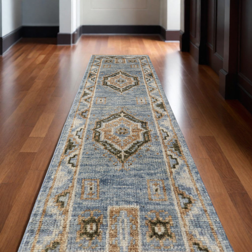 10' Ivory Tan and Blue Wool Oriental Hand Knotted Runner Rug With Fringe