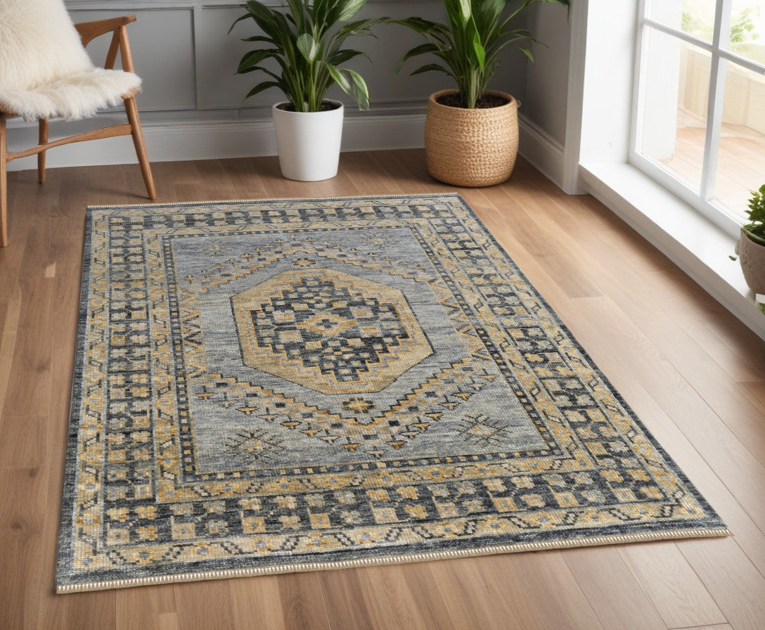 4' X 6' Blue Gray and Tan Wool Oriental Hand Knotted Area Rug With Fringe