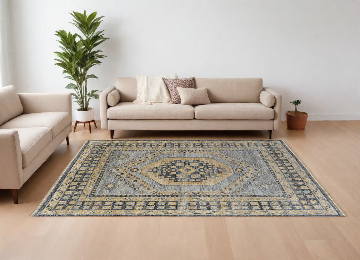 9' X 12' Blue Gray and Tan Wool Oriental Hand Knotted Area Rug With Fringe