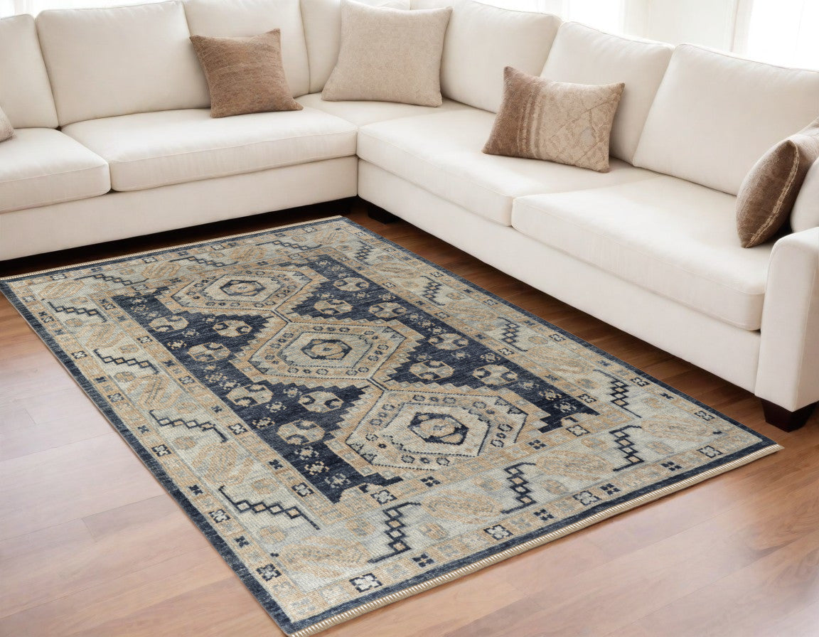 5' X 8' Blue and Ivory Wool Geometric Hand Knotted Area Rug With Fringe