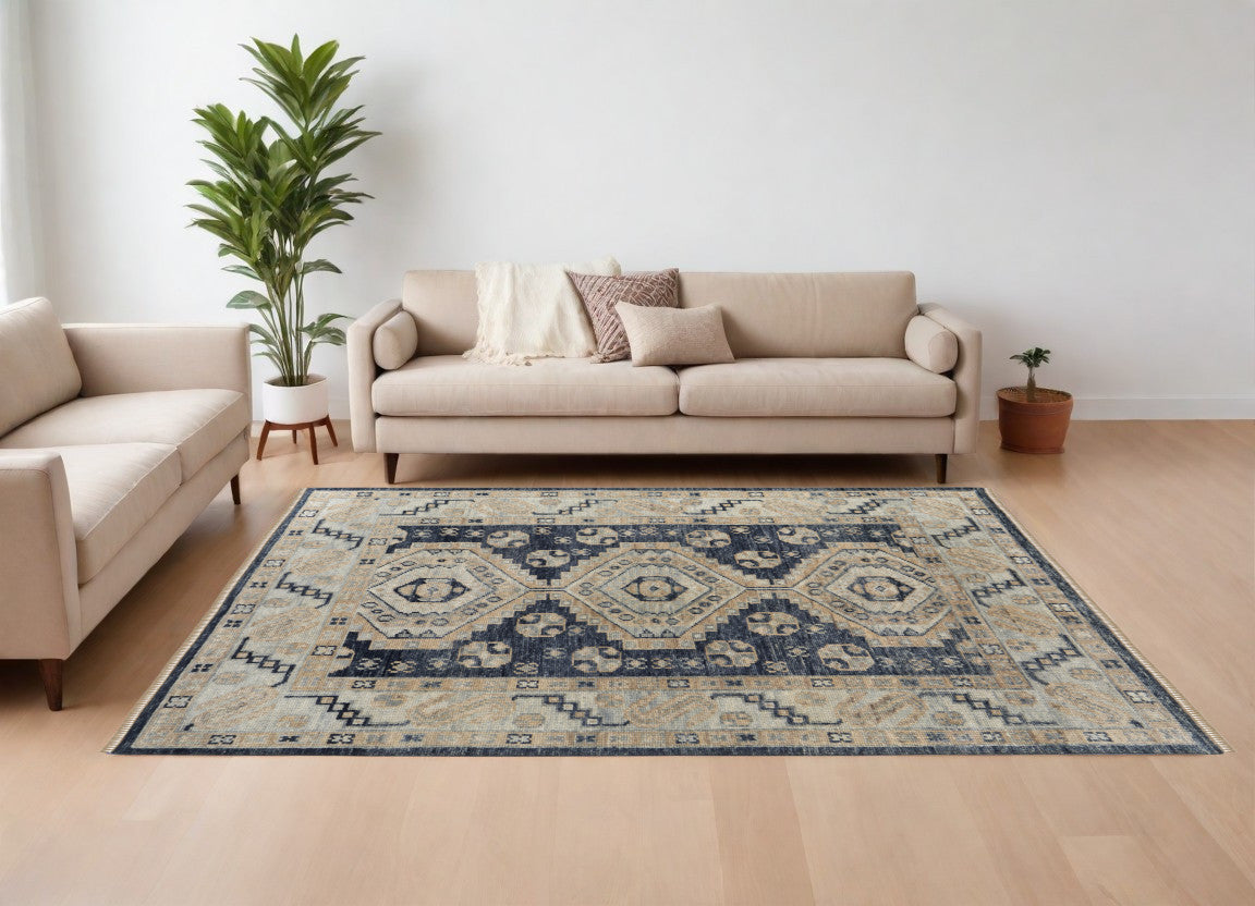 9' X 12' Blue and Ivory Wool Geometric Hand Knotted Area Rug With Fringe