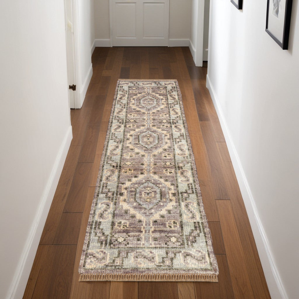 8' Ivory Gray and Brown Wool Geometric Hand Knotted Runner Rug With Fringe