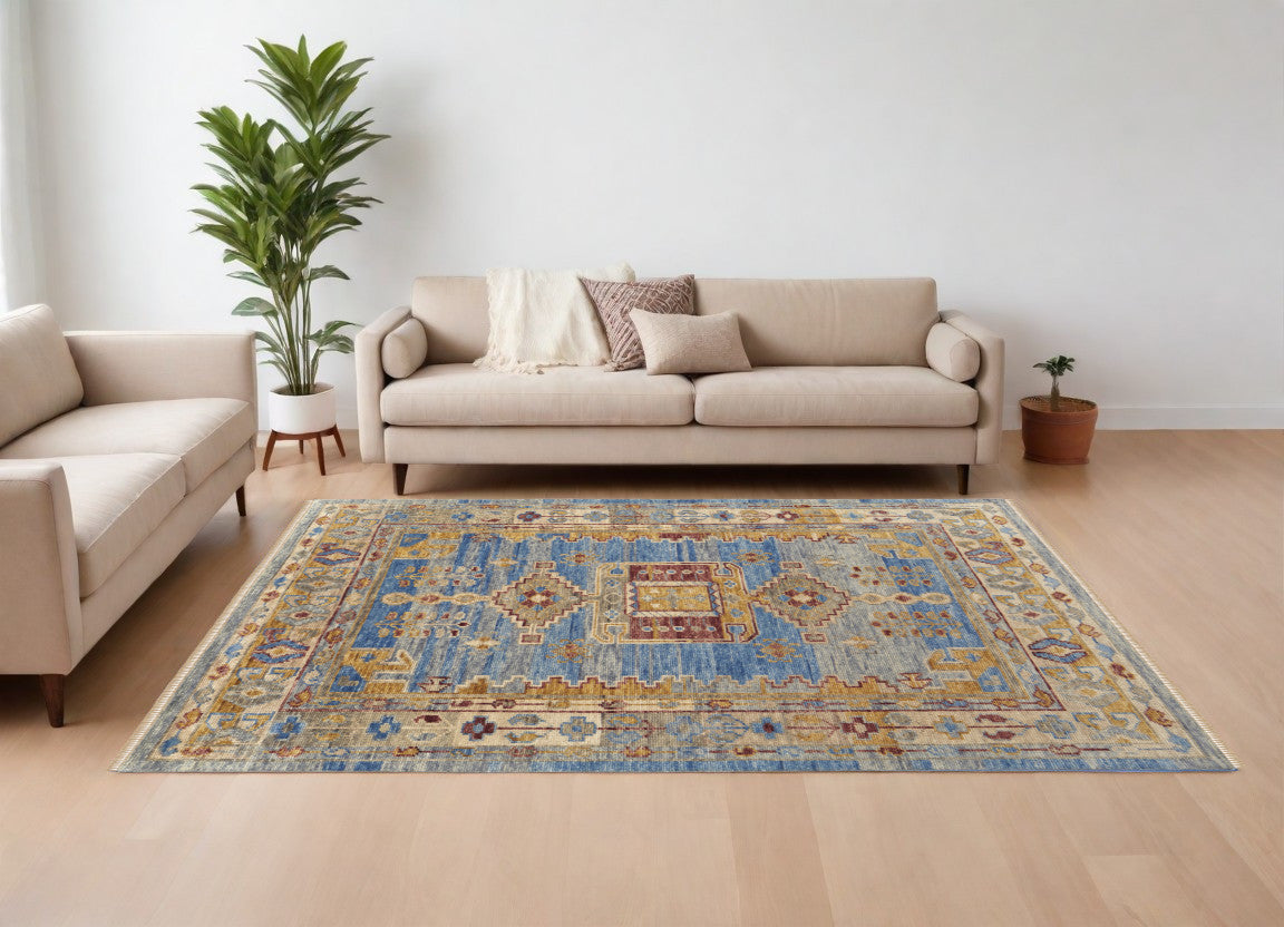 9' X 12' Blue Red and Yellow Wool Geometric Hand Knotted Area Rug With Fringe