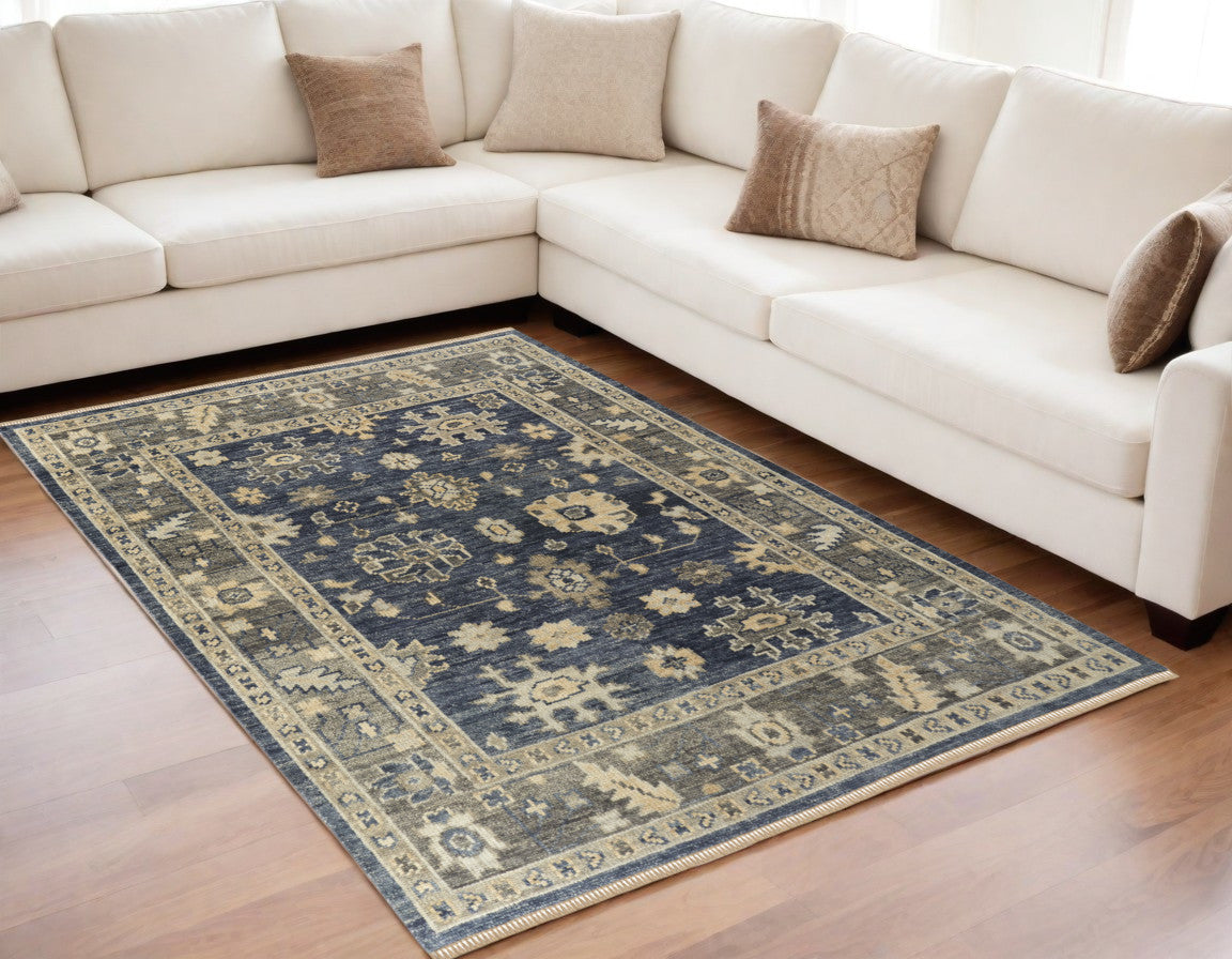 5' X 8' Blue and Gray Wool Floral Hand Knotted Area Rug With Fringe