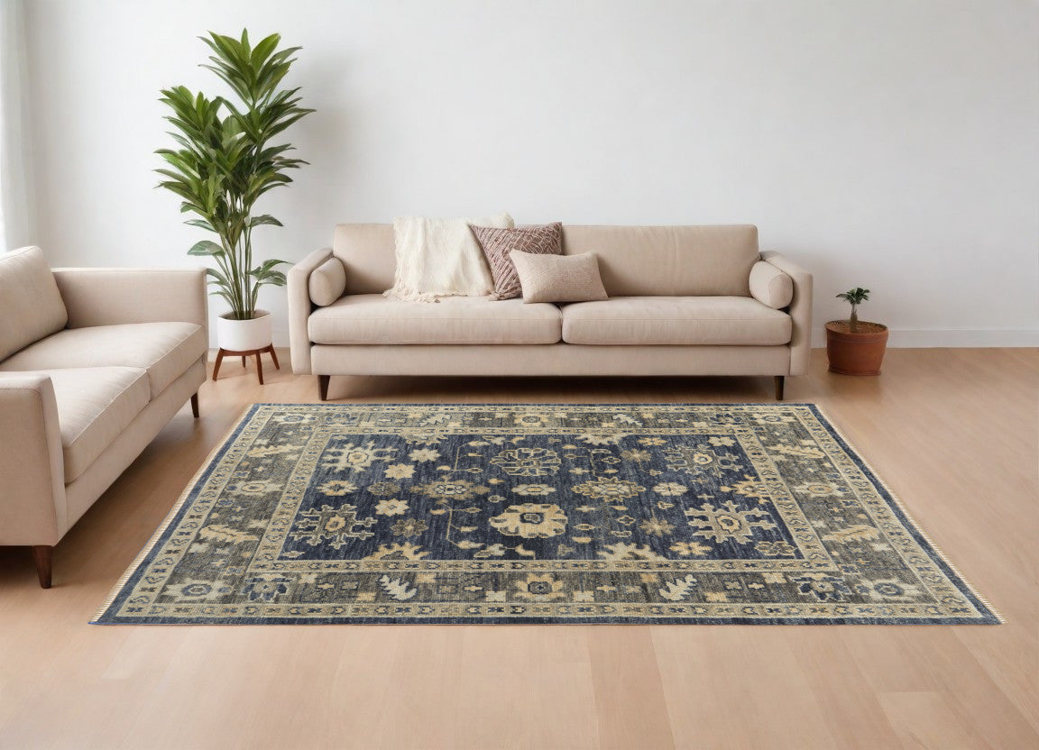 10' X 14' Blue and Gray Wool Floral Hand Knotted Area Rug With Fringe