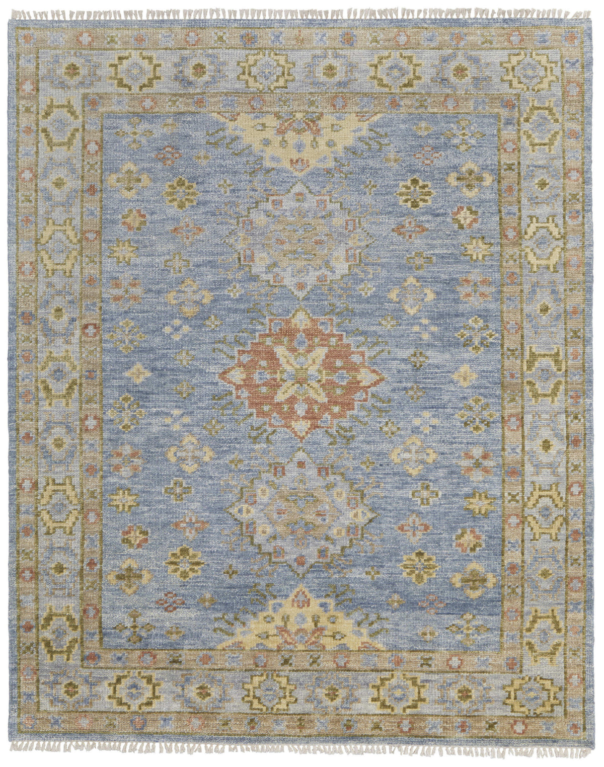 3' X 5' Green Blue and Yellow Wool Geometric Hand Knotted Area Rug With Fringe