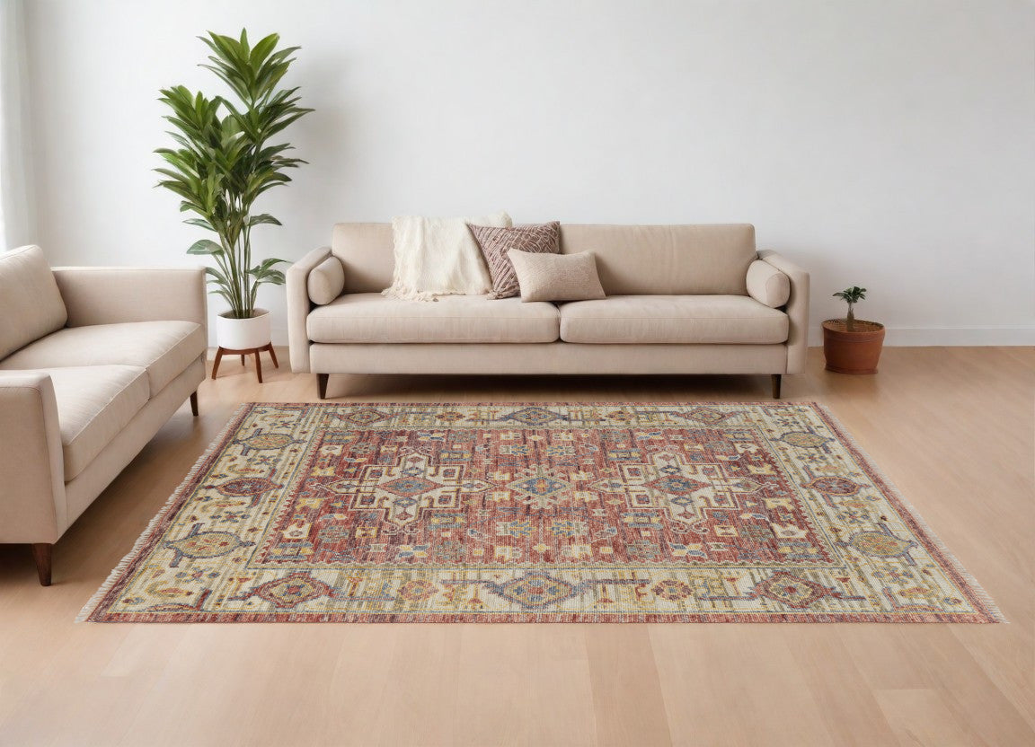 9' X 12' Ivory Red and Gold Wool Oriental Hand Knotted Area Rug With Fringe