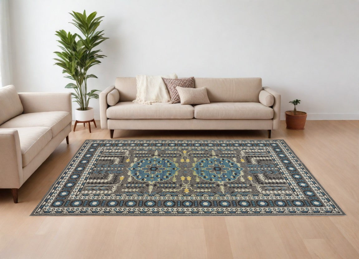 10' X 13' Gray Blue and Green Oriental Power Loom Area Rug
