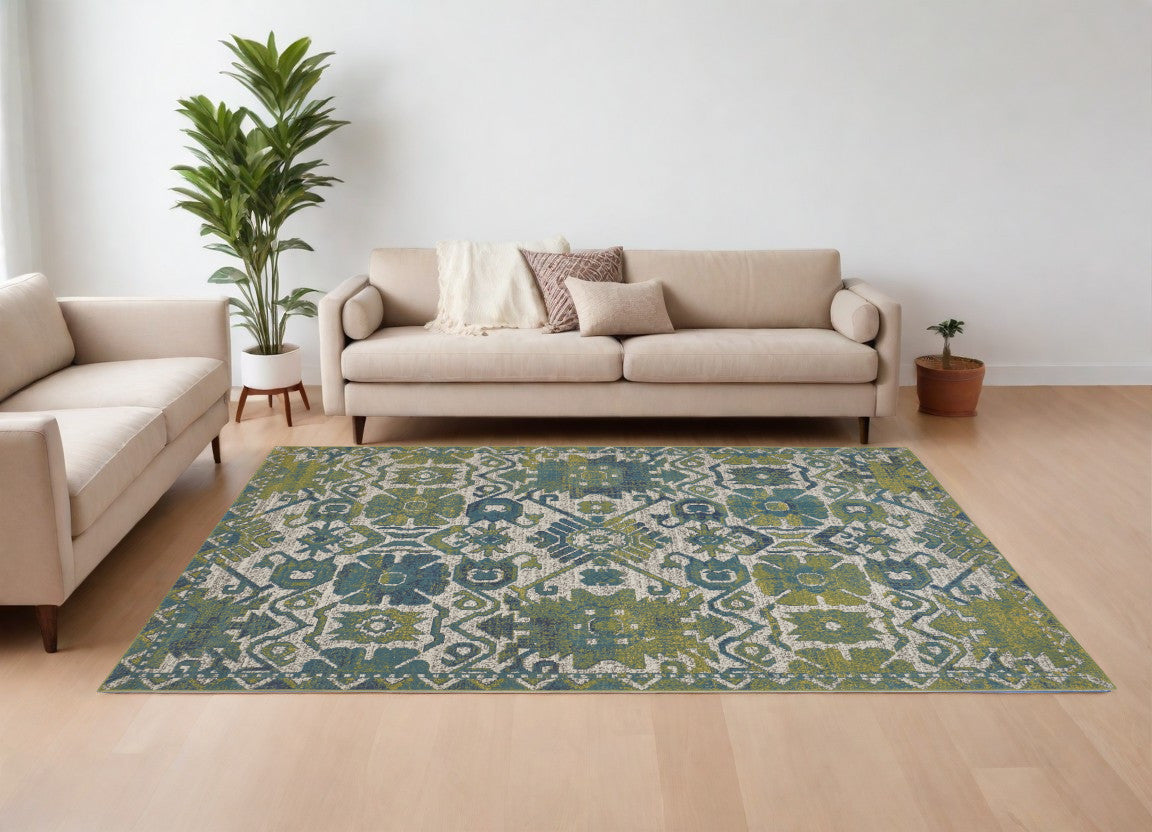 10' X 13' Blue and Green Oriental Power Loom Area Rug