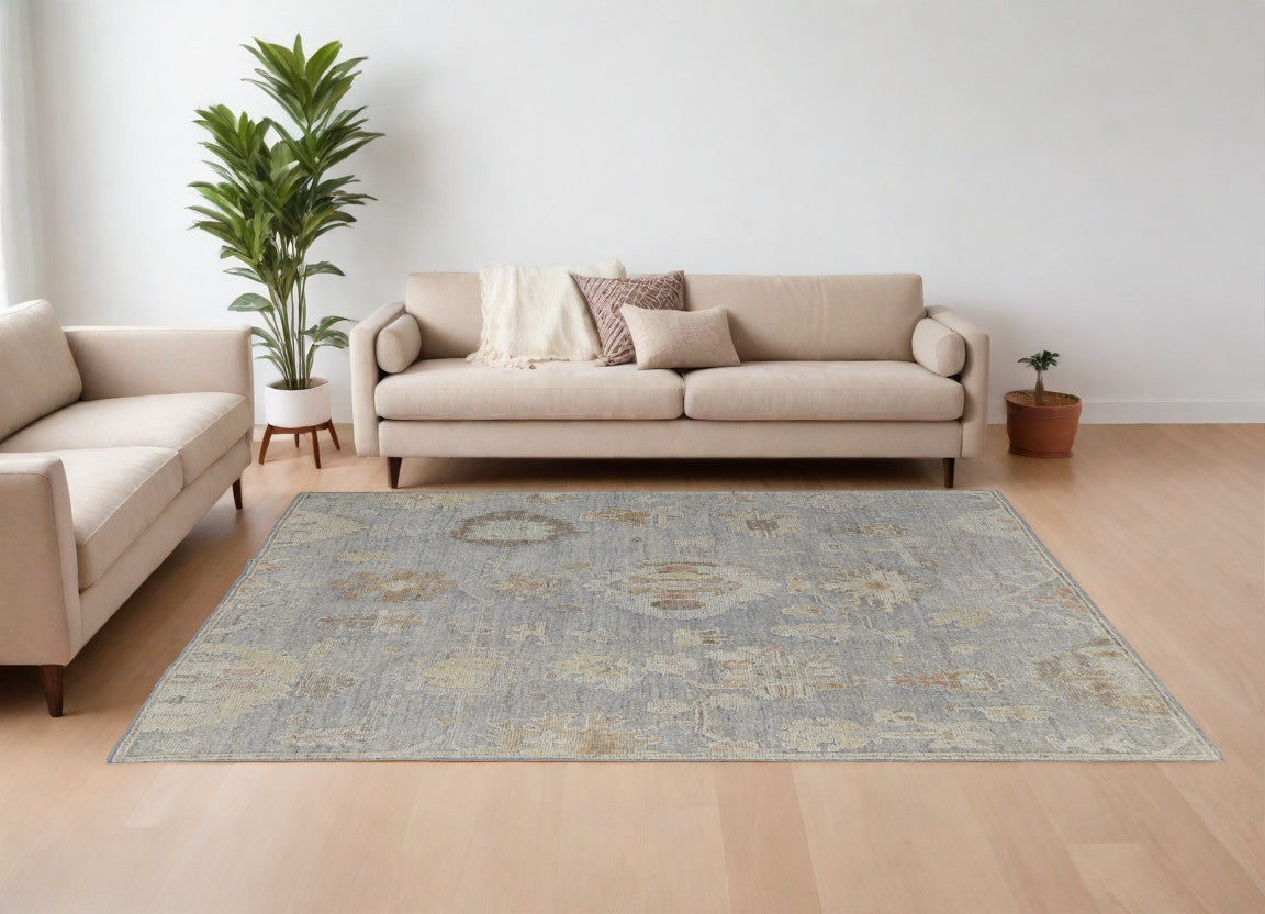 8' X 12' Gray and Blue Wool Floral Hand Knotted Area Rug