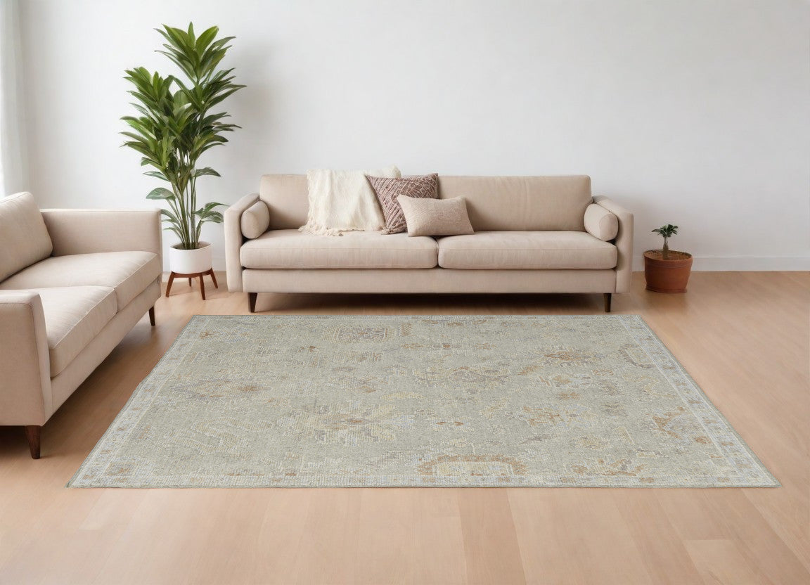 9' X 13' Gray and Brown Wool Floral Hand Knotted Area Rug