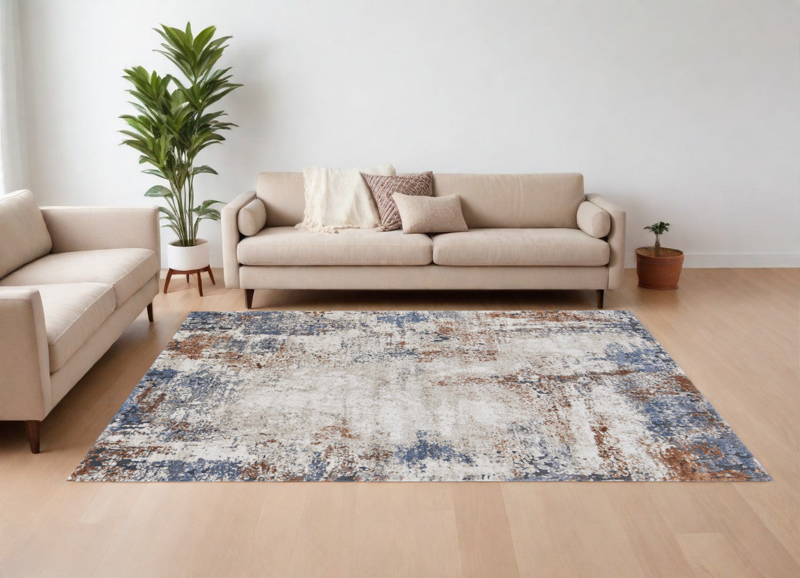 10' X 14' Blue Gray and Brown Abstract Power Loom Worn Faded Area Rug
