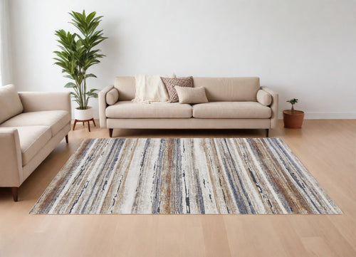 10' X 14' Ivory Blue and Brown Striped Power Loom Area Rug